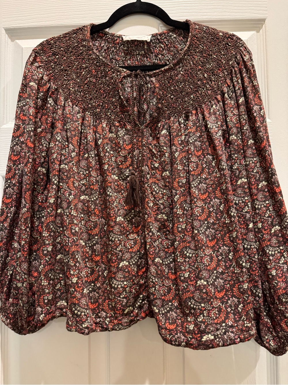 Lucky Brand Women’s Boho Floral Smocked Yoke Blouse - Burgundy Floral Medium